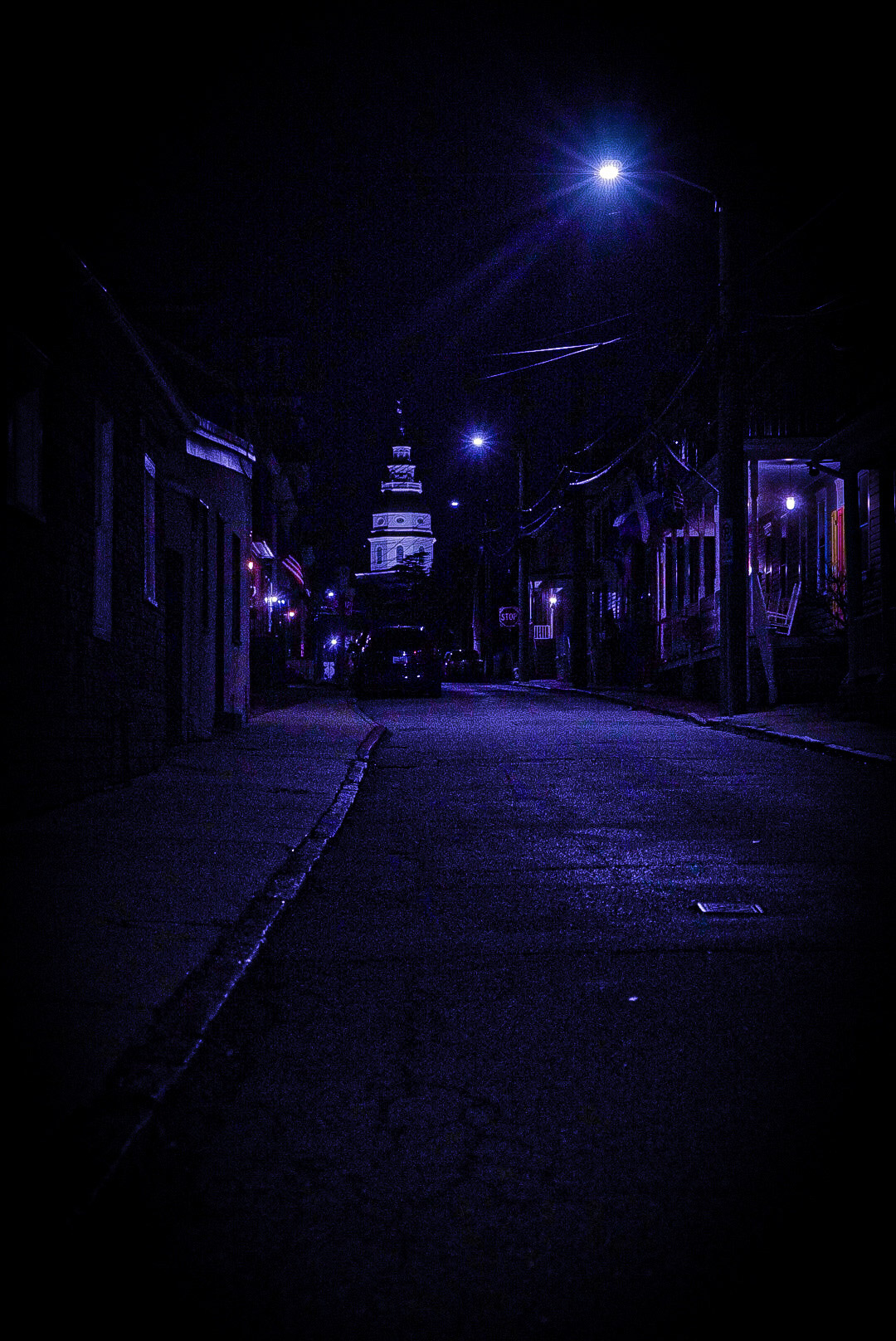 Annapolis State House dome down a midnight alley